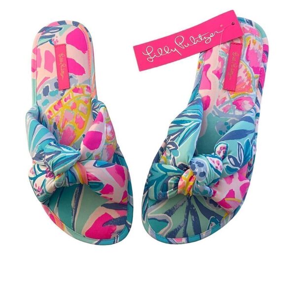 Lilly Pulitzer Pool Slippers In Sea Glass Rainforest Retreat Size S/M New - Picture 1 of 4